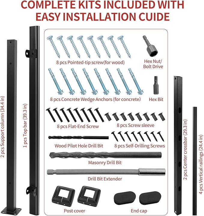Metty Metal Handrails for Outdoor Steps Suitable for 1 to 2 Steps- Wrought Iron Stair Railing- Step Steady with 2 Feet Handrailing- Safe Indoor Home Banisters (Black with Balusters)