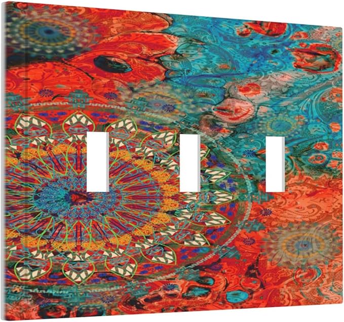 Abstract Ombre Colorful Indian Mandala 3 Gang Light Switch Covers Triple Toggle Wall Plate Decorative Switchplate Electrical Faceplate for Livingroom Bedroom Bathroom Decor