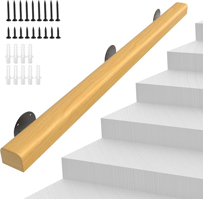 5FT Wooden Stair Handrails,Hand Railings for Stairs Indoor Outdoor Wall Mount Support Wood Handrails,Non-Slip Sturdy Staircase Handrail Safety Grab Bar Rod Complete Kit for Home,Lofts,Guardrail