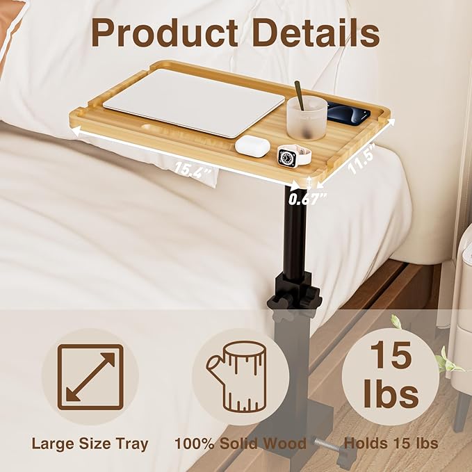 Bedside Shelf for Bed, Height-Adjustable Clip On Bedside Table, Overbed Table for Bed Frames and Sofas Widths 1" - 2.7", Nightstand Organizer Tray for Apartments, Bedrooms, Dorm Essentials