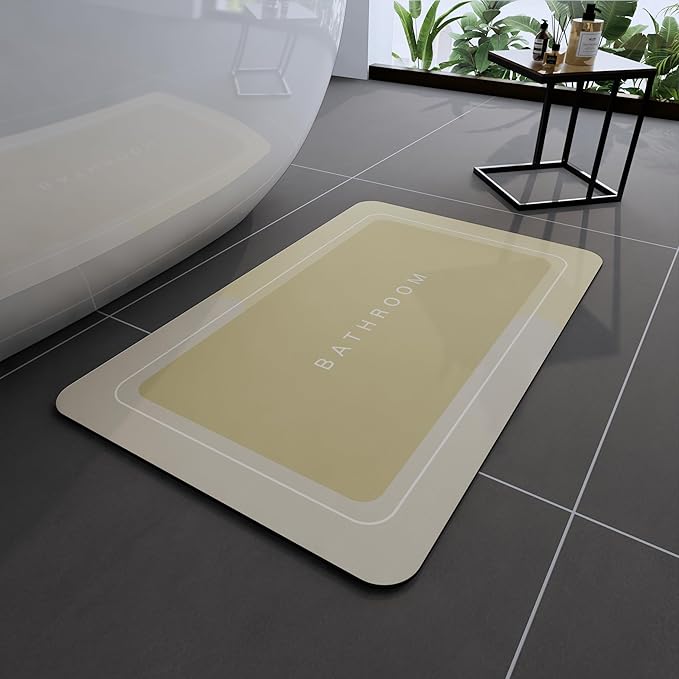 Bath Mat, Bathroom Mat Rugs Super Absorbent Shower Mats Non Slip Quick Dry Thin Rubber Mats for Bathroom Floor Fit Under Door, Shower Rug for Bathtub, Shower, Beige