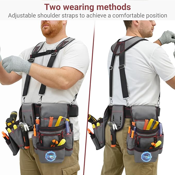 Tool Belt With Suspenders, Heavy Duty Magnetic Tool Belts for Men with 18 Pockets, Tool Belt with Adjustable 32 to 66 Inches Detachable Waist for Electricians, Carpenters, Framers, Grey