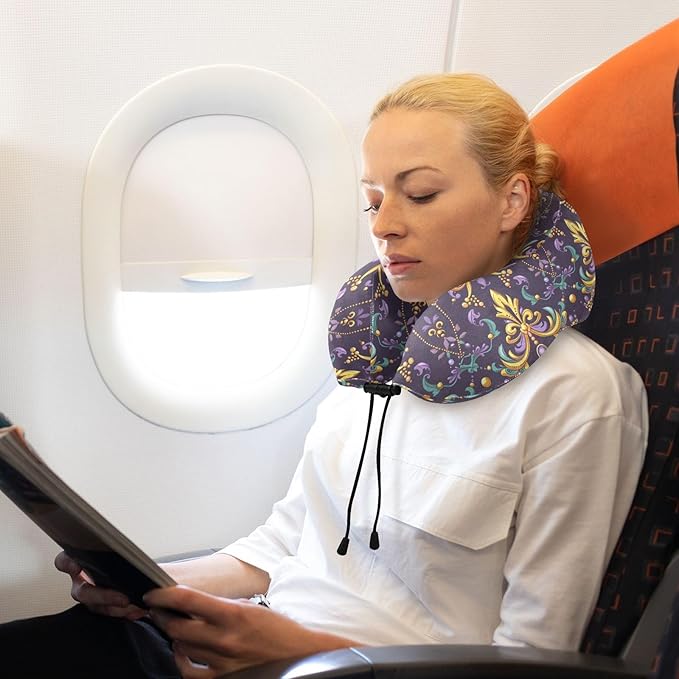 Travel Pillow for Neck Head, Mardi Gras Fleur De Lis Beads Memory Foam Padding Sleeping Airplane Trains Cars Camping Office