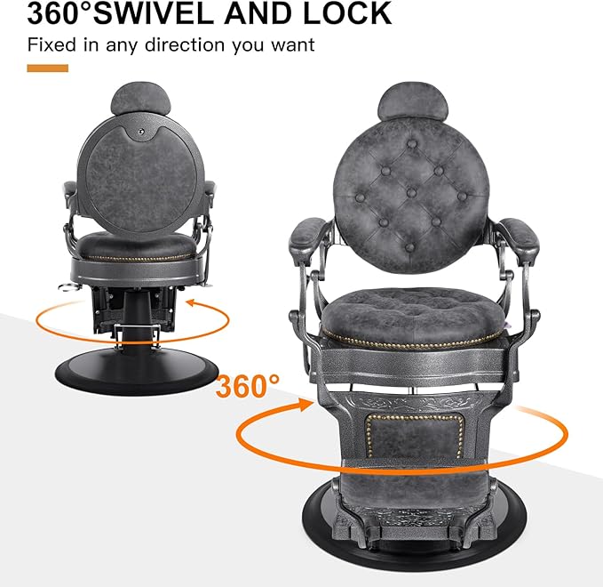 Artist hand Retro Barber Chair Heavy Duty Barber Chairs Vintage Salon Chair Hydraulic Recline Beauty Spa Styling Equipment Rounded Cushioning with Puckered Button (Grey)
