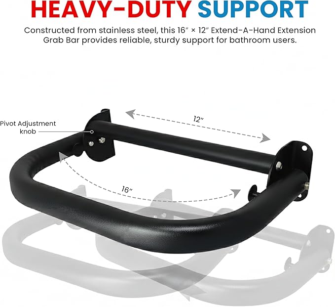 Extend-A-Hand Grab Bar Extension 16″ × 12″| Heavy-Duty Bathroom Safety Handrail, Non-Slip Black Support Grab Bar for Elderly, Disabled & Injury Recovery.