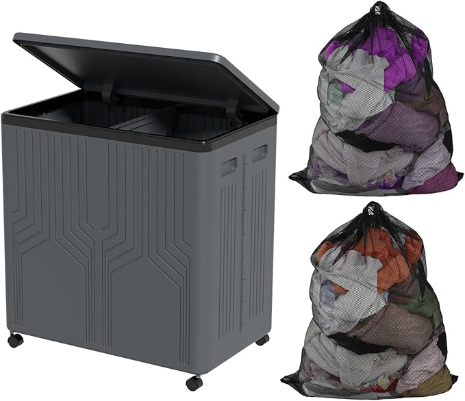 120 L Collapsible Plastic Double Laundry Hamper with Wheels and Removable Bags, Gray, 1 Pack