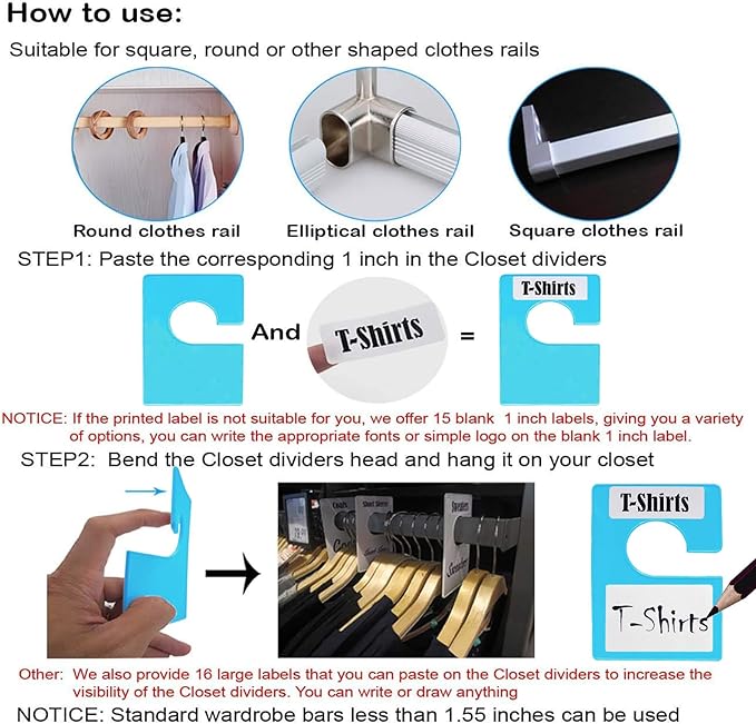 20 Pack White Clothing Rack Size Dividers Plus 45 Labels (1 Inch) and 18 Large Blank Labels, Large Rectangular Clothing Closet Dividers (Blue)