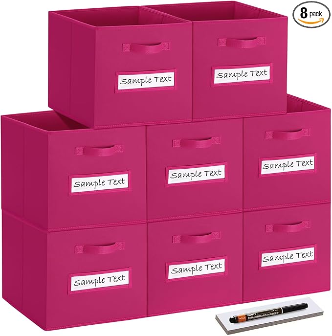 artsdi Fabric storage cubes (8 Pack) 11 Inch Cube Storage Bin, cube organizer bins with 8 Labels Window Cards & a Pen, Foldable cube organizer bins and Storage Box, Dark pink