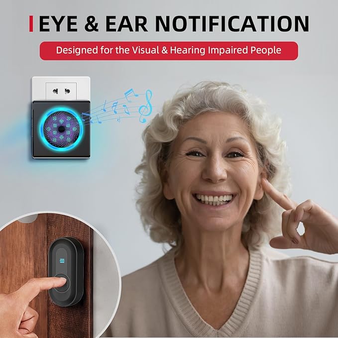 CallToU Hearing Impaired Doorbell with Strobe Light & 55 Melodies, 1000ft Long Range Wireless Door Bell for Elderly/Senior Adjustable Volume, IPX5 Waterproof Call Button 1 + Plug-in Receivers 2