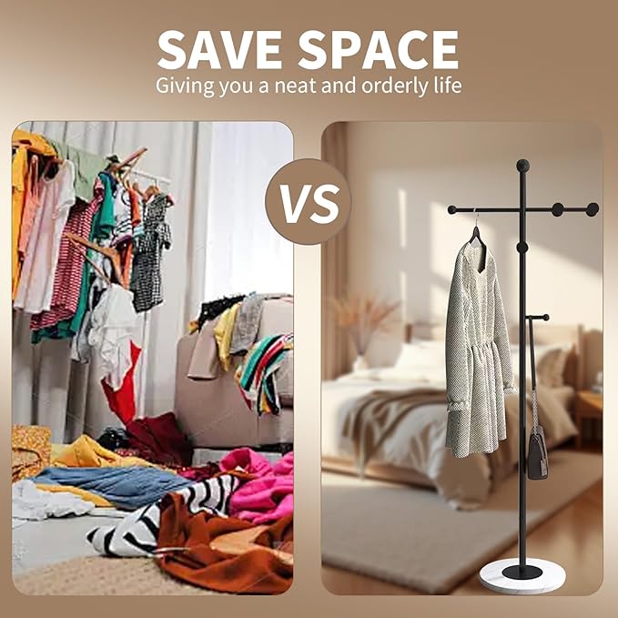 Modern Metal Coat Rack Stand, Heavy Duty T-shaped Coat Rack Freestanding with Natural Marble Base, 8 Hooks, Ideal for Bedroom, Entryway, Hallway, Office, Gifts for Women, for Mom, for Men (Black)