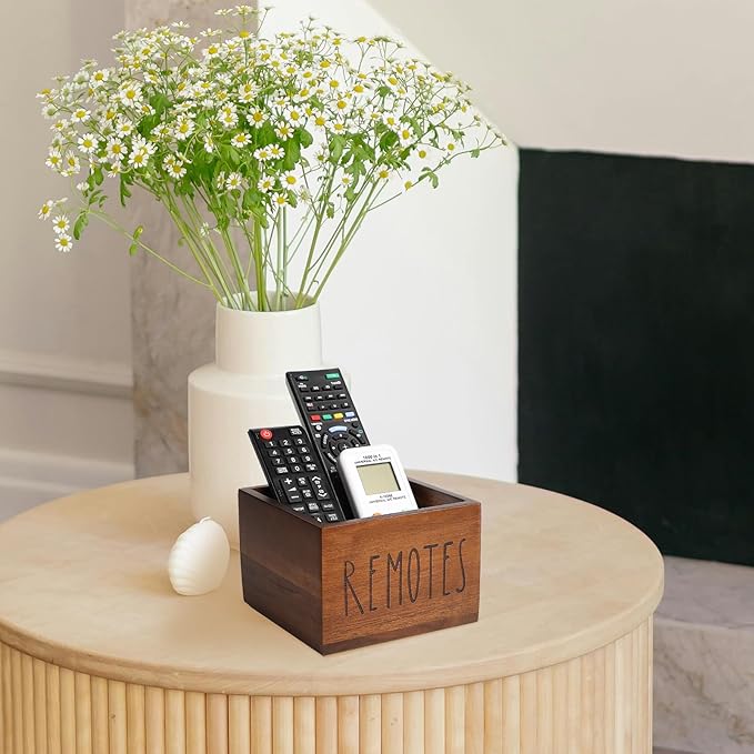 Acacia Wood Remote Holder, Control Organizer for TV - Home, Living Room, Bedroom - Wooden Remote Box (Brown, M, 3+ Remotes)
