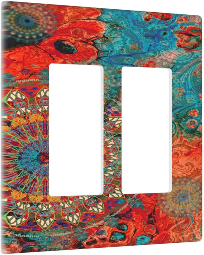 Abstract Ombre Colorful Indian Mandala Double Rocker Light Switch Cover 2 Gang Dual Outlet Covers Wall Plate Decorative GFCI Switchplate Electrical Faceplate for Livingroom Bedroom Bathroom Decor