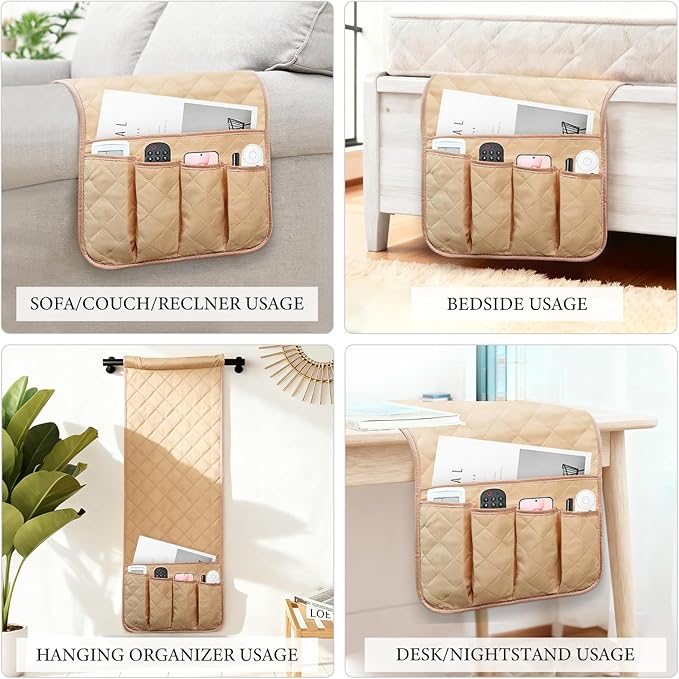 Armchair Caddy Couch Caddy Organizer Remote Control Holder Non-Slip Sofa Armrest Organizer Bedside Caddy with 5 Pockets for Cell Phone TV Remote Control Magazines (Light Khaki)