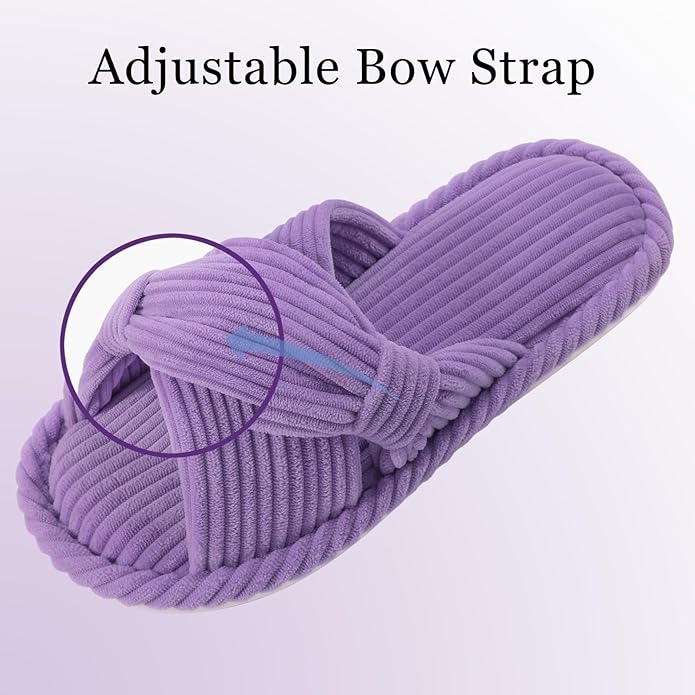 Evshine Fall House Slippers for Women Corduroy Cross Bow Indoor Slippers Open Toe Slip On Bedroom Shoes with Memory Foam
