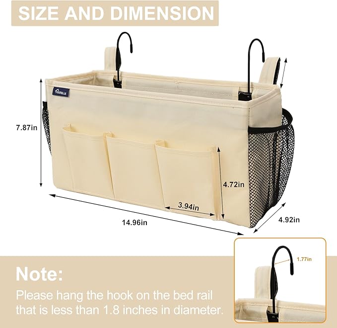 Surblue Bedside Organizer with Hook Caddy Hanging Storage Bag with Adjustable Straps and Water Bottle Holder for Home, College Dorm, Bunk Bed Accessories, Crib, Hospital Bed, Beige