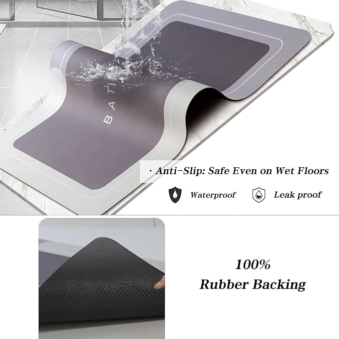 Bath Mat Rugs Non Slip Quick Dry Bathroom Mats Super Absorbent Rubber Bath Mats Fit Under Door, Bathroom Rugs Shower Mat for Bathroom, Bathtub, Shower and Sink (20"x32", Grey)