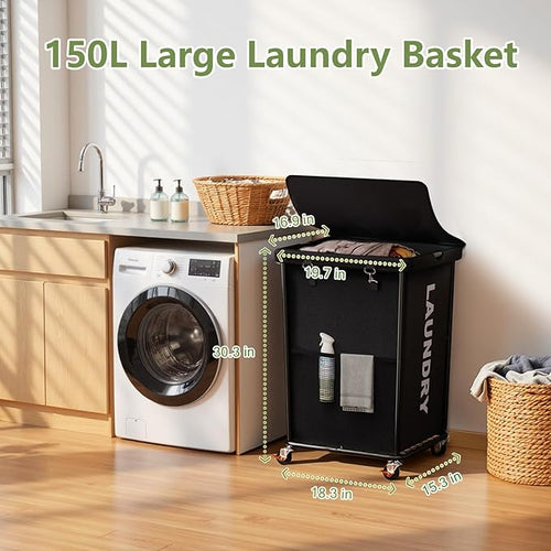 150L Laundry Basket with Wheels, Rolling Laundry Hamper with Cloth Cover, Laundry Cart with Metal Frame & Removable Bag, Large Dirty Clothes Hampers for Bedroom Aesthetic, Laundry Room Bathroom, Black