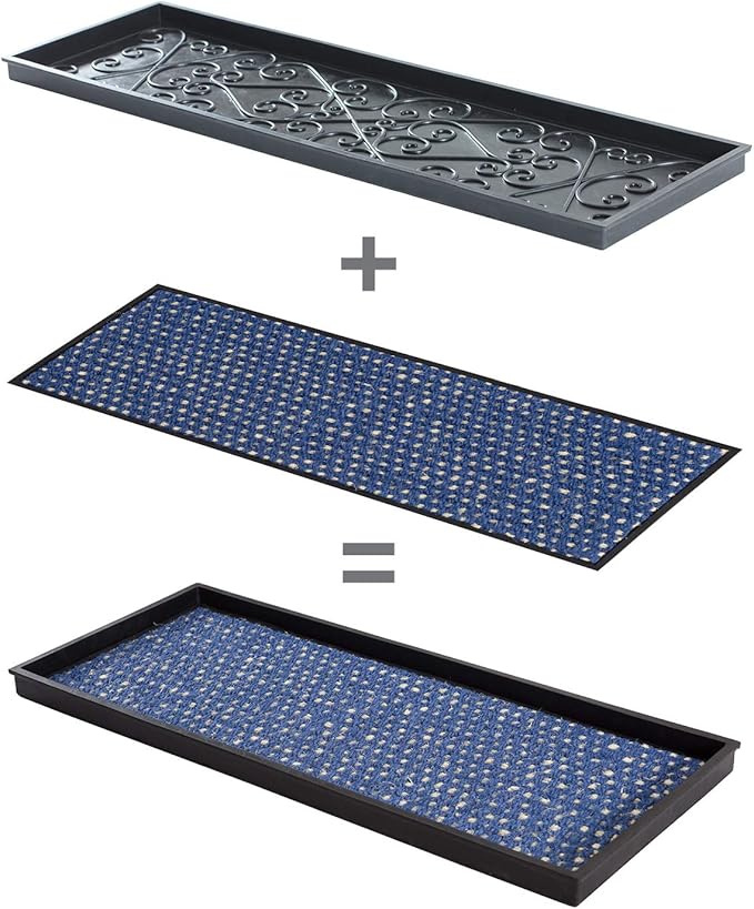 Anji Mountain AMB0BT4F-010 Black Rubber Boot/Shoe Tray with Coir, Fits 4 Pair (46.5" Wide), Blue & Ivory Insert