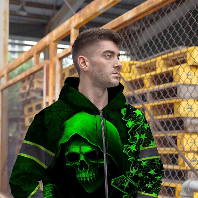 Maddly Hi Vis Reflective Zip Up Hoodie, High Visibility Safety Jacket with Skull Design for runner, worker, trucker, cyclist
