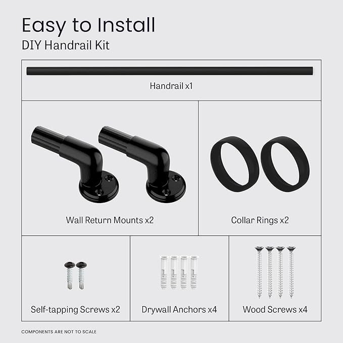 Meranti Aluminum Handrail for Stairs - ADA Compliant Wall Returns - Handrails for Indoor Stairs - Metal Handrail, Powder Coated for Outdoor Environment, DIY Handrail Kit (WHR, Black Textured, 5' L)