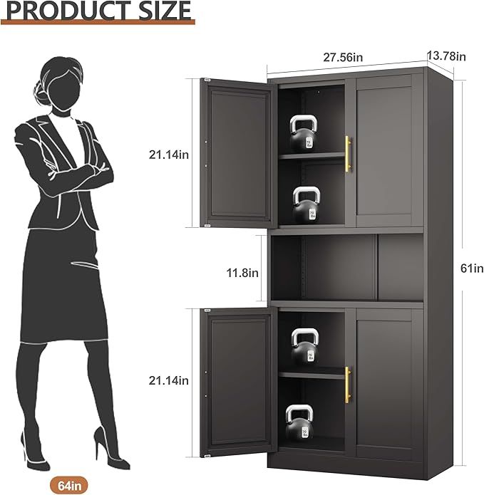 61.02" Kitchen Pantry Cabinet, Large Metal Storage Cabinet with 4 Doors and 1 Open Storage Compartment, Corner Display Organizer with 2 Adjustable Shelves for Kitchen Bedroom or Hallways