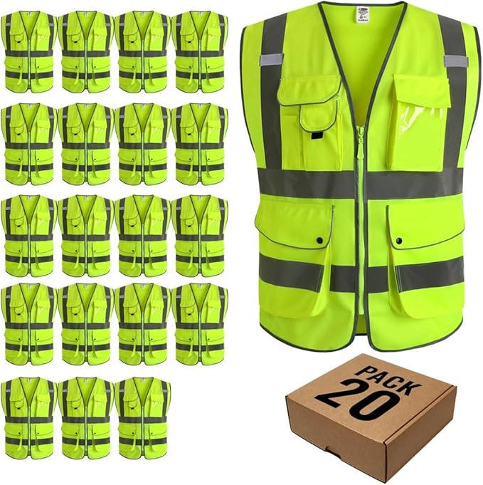 JKSafety 20 Pack 9 Pockets Class 2 High Visibility Zipper Front Safety Vest With Reflective Strips,Meets ANSI/ISEA Standard (Medium, 156-Yellow)