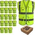 JKSafety 20 Pack 9 Pockets Class 2 High Visibility Zipper Front Safety Vest With Reflective Strips,Meets ANSI/ISEA Standard (Medium, 156-Yellow)
