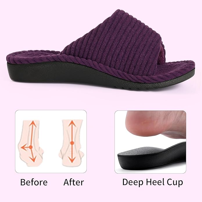Litfun Orthopedic House Slippers for Women Adjustable Arch Support Indoor Slippers Open Toe Corduroy Bedroom Shoes