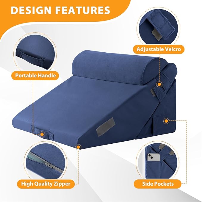 3PCS Wedge Pillow Set for After Surgery, Adjustable 9&12 Inch Bed Wedge Pillow for Sleeping, Incline Pillow Wedge for Headboard, Post Surgery, Acid Reflux, Neck&Back Support, Navy