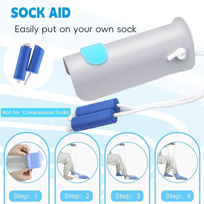 Sock Aid Kit, Sock Puller Aid Easy On and Off, Sock Assistant Device No Bending, Sock Aids for Putting On Socks and Sock Remover, Sock Helper for Seniors, Pregnant, and Limited Mobility (Grey)
