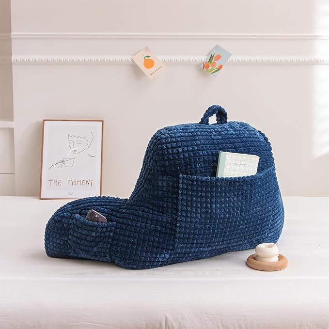 Holawakaka Reading Pillow for Bed and Sofa Couch Sitting Up, Backrest Pillows with Arms for Kids Teens Adults, Back Support Cushion for Lounging, Watching TV, Working on Laptop, Navy Blue