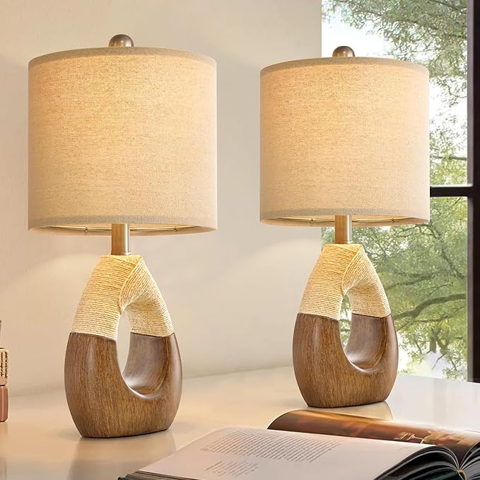 OYEARS Boho Table Lamps Bedroom Living Room Set 2,Suitable for Small Space,Farmhouse RattanTable Lamp 19”Rustic Egg Design Resin Light Decoration,Nightstand Bedside Lamps for Office Study Rest