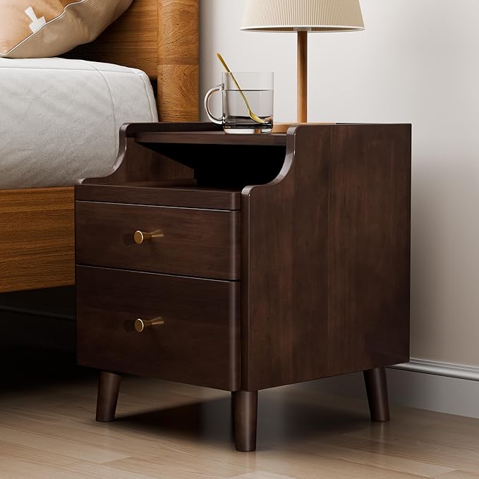 Narrow Nightstand with Drawers, Pre-Assembled Solid Wood Small Skinny Night Stand with Open Sliding Shelf Slim Bedside Table for Bedroom, Slim Side Table (2, Black Walnut, 16")