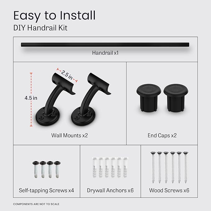 Meranti Aluminum Handrail for Indoor or Outdoor Steps and Stairs – Hand Rails for Elderly – DIY Complete Stair Railing Kit (AHR, Black Textured, 3' Length)