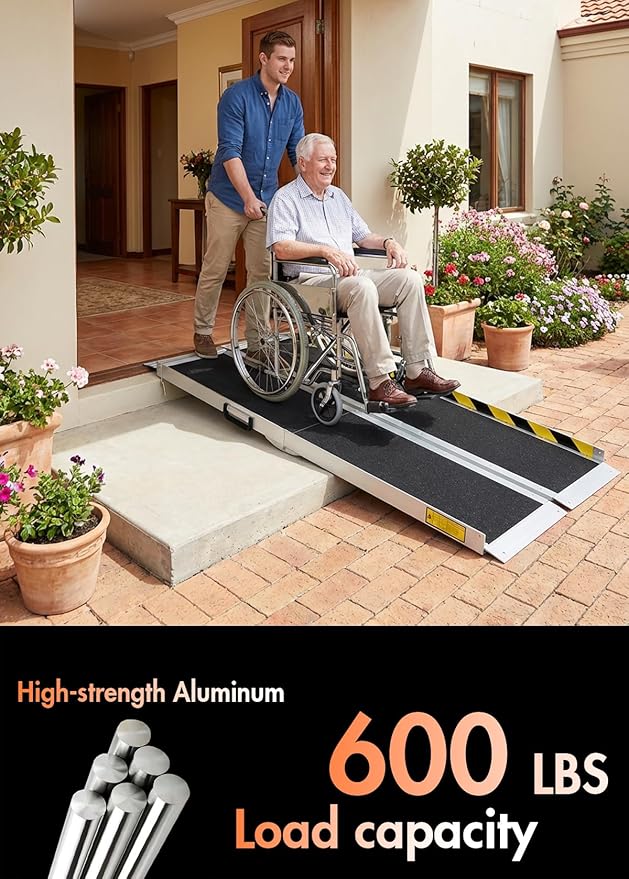 Protable Wheelchair ramp 6FT,Non-Slip Folding Aluminum Handicap Ramps,Threshold Ramps for Home,Holds up to 600lbs,Wheelchair ramp for Steps,Stairs,Doorways (6FT Useing Height 6-18inch)