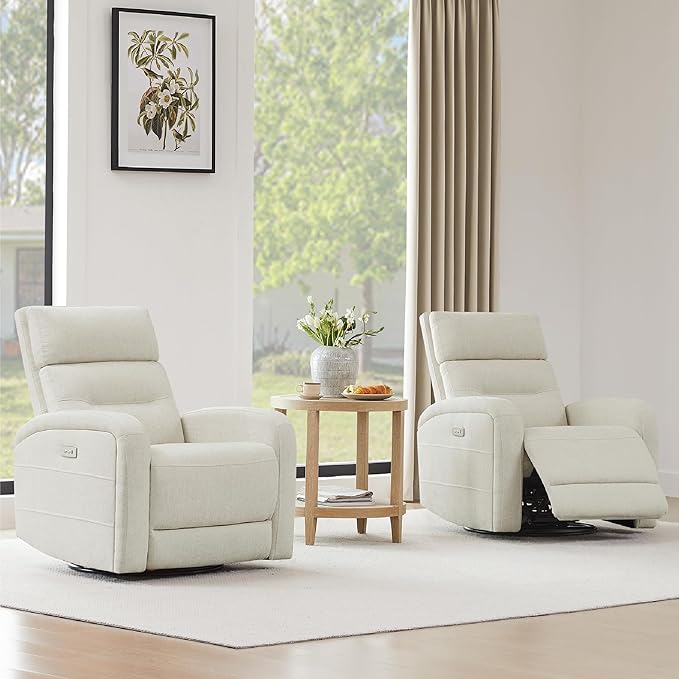 Watson & Whitely Swivel Power Recliner Glider Rocker, Small Recliner with Charging Port for Living Room, Fabric in Linen