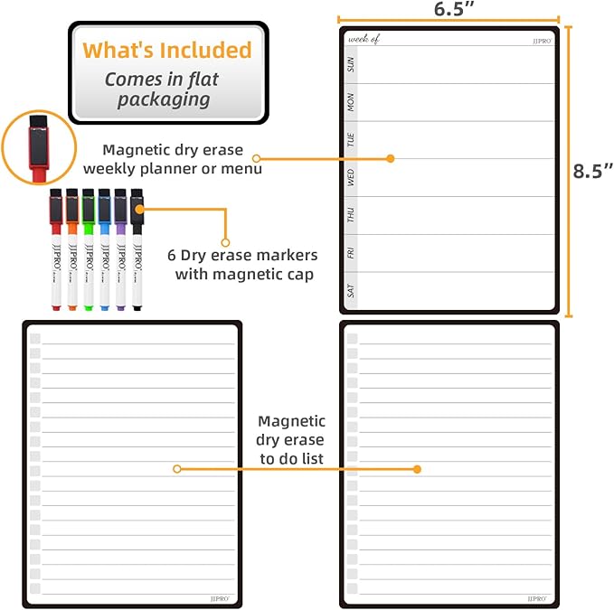 JJPRO Magnetic Weekly Calendar and to Do List for Fridge - 8.5" x 6.5" Weekly Meal Planner for Refrigerator and Dry Erase Daily to-Do List -6 Markers Included!