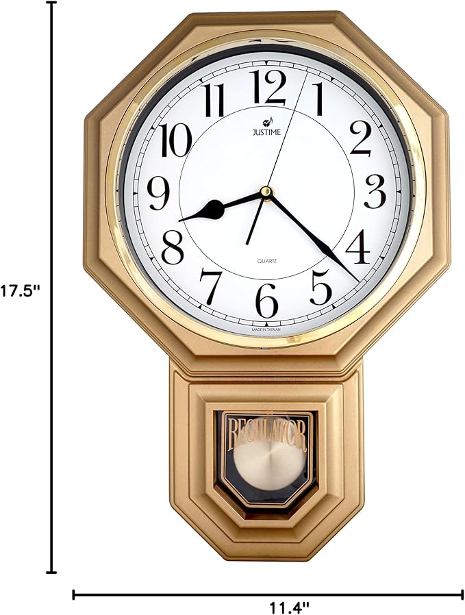 JUSTIME Traditional Schoolhouse Easy to Read Regulator Wall Clock, Chiming Wall Clocks with Pendulum & Westminster Chime Hourly, Schoolhouse Wall Decor Battery Operated (Painted Gold)