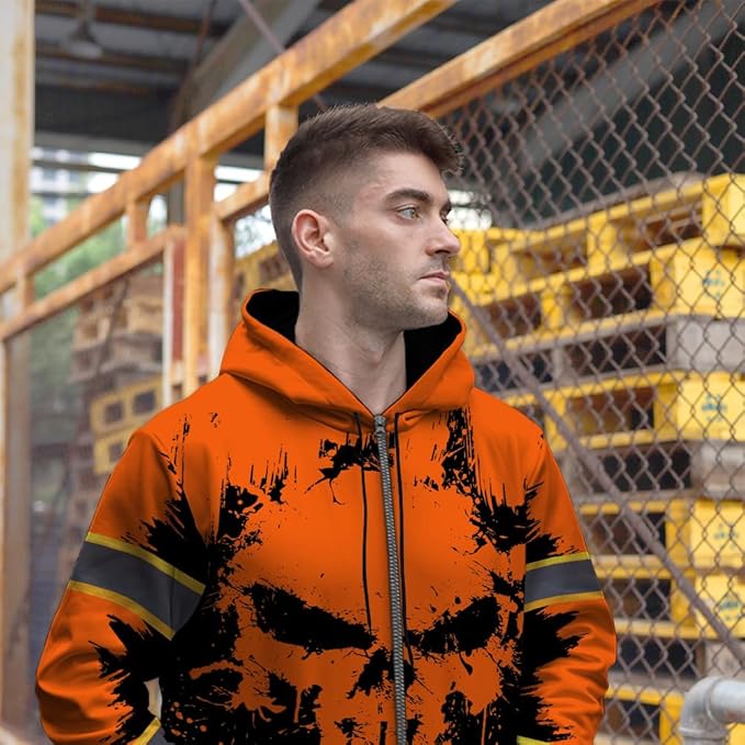 Maddly Hi Vis Reflective Zip Up Hoodie, High Visibility Safety Jacket with Skull Design for runner, worker, trucker, cyclist