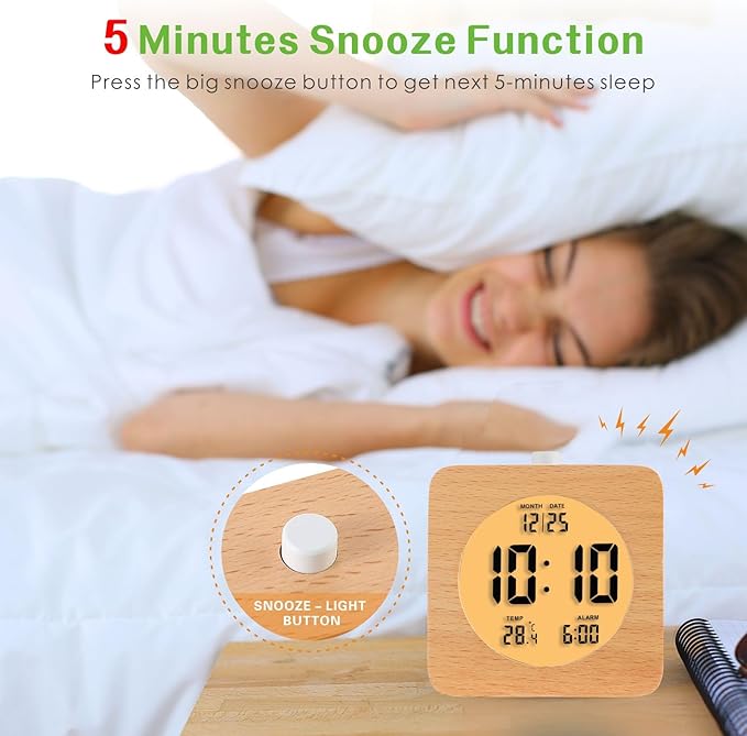 Plumeet Wooden Digital Alarm Clock for Bedrooms, Wood 4'' Battery Powered Alarm Clock with Snooze and Nightlight, Electronic LCD Desk Clock Display Time, Date, Temp, 12/24H, Wood Décor, Square, Brown