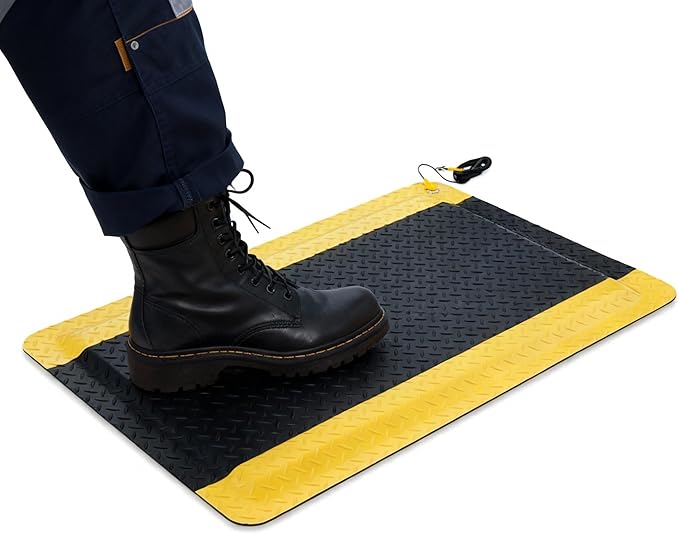2'x3' Anti-Fatigue Mat ESD Conductive Pad with Ground Wire, Ergonomic Standing Floor Mat Heavy-Duty Diamond Plate Surface for Commercial&Industrial Work, Thick 3/4” Black with Yellow Border