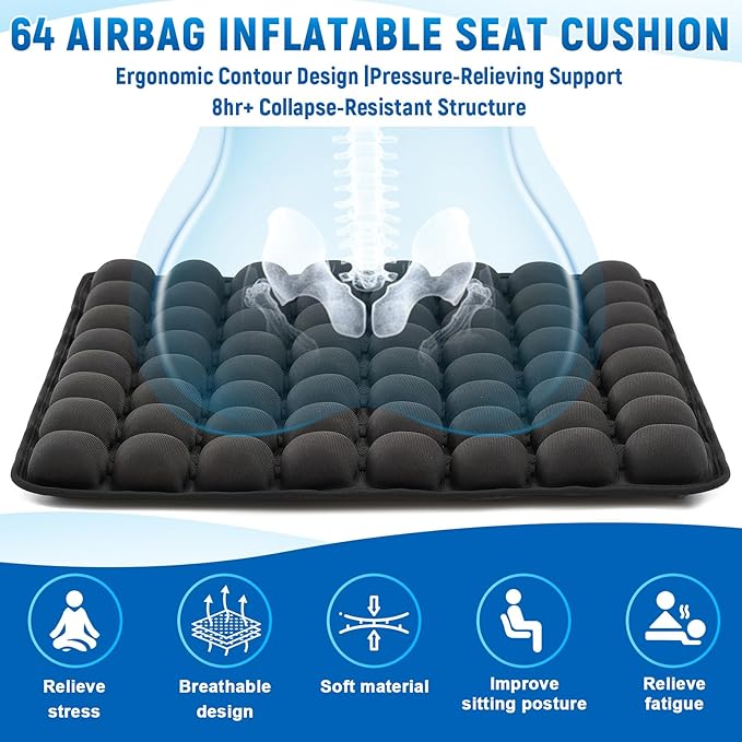 2 Pcs Travel Cushion for Airplane Seat, Inflatable Airplane Seat Cushion for Long Flights 64 Bubbles Portable 3D Air with Storage Bag Pressure Relief Ergonomic for Office, Car, Stadium
