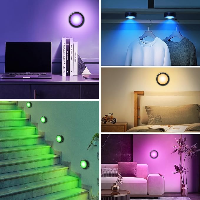 Cadrim Puck Lights, 2 Pack 13 Colors Changeable LED Puck lightings Battery Powered Dimmable Under Cabinet Lights, Battery Powered Under Counter Lights with 1 Wireless Remote Controls, Black