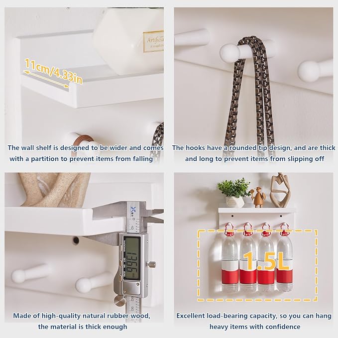 Wood Coat Hook with Wall-Mounted Shelf,15.75in Entryway Wall Hanging Shelf, for Bathroom, Kitchen, Coat Towel Key Organizer White YD-WS0240W