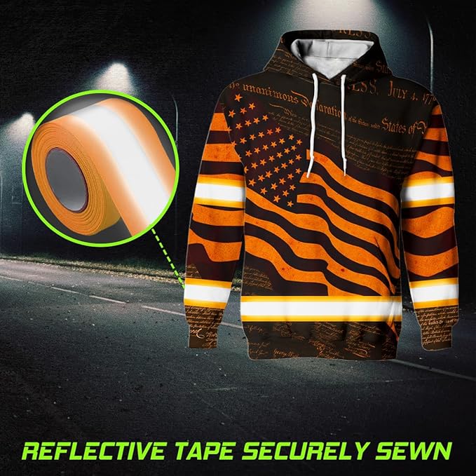 US Flag High Visibility Hoodie for Men Reflective Hoodie Safety Workwear for Worker Runner Patriotic ACC02