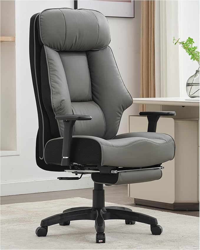 DJ·Wang Big and Tall Office Chair 400lbs with Foot Rest, High Back Executive Office Chair with Extra-Thick Spring Cushion, Ergonomic Leather Chairs Dark Gray