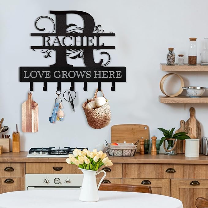 Personalized Key Holder for Wall - Custom Family Name Key Holder Wall Mount, Key Organizer Rack with Monogram Design, Key Rack Coat Hooks for Bedroom Doorway Hallway, Housewarming Gifts