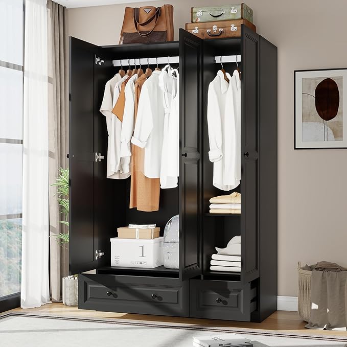 Armoire Wardrobe Closet with Drawers: 74" Black Tall Wooden Wardrobe Closet for Hanging Clothes, Large Bedroom Armoires with 2 Drawers, 3 Door Armoire Storage Cabinet (Black, 47")