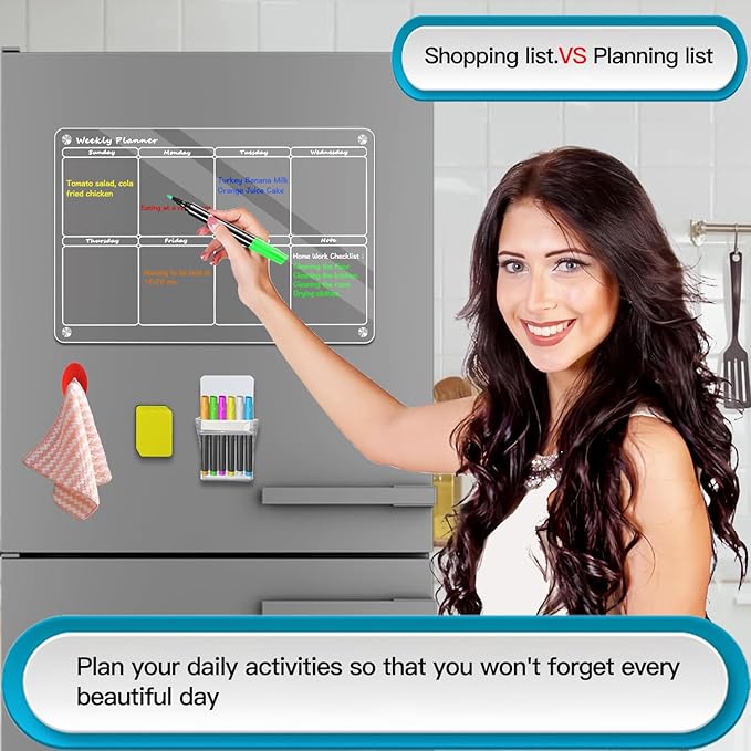 16"X12" Acrylic Weekly Planner for Fridge,Acrylic Magnetic Menu Board for Kitchen,Clear Meal Planner for Refrigerator,Magnet Weekly Calendar for Fridge with 6 Magnetic Markers