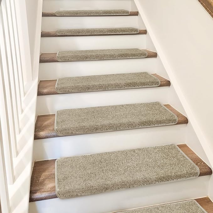 PURE ERA Bullnose Carpet Stair Treads Set Tape Free Non-Slip Indoor Stair Protectors Pet Friendly Rugs Covers Soft Skid Resistant Washable Reusable 9.5" x 30"(7 Pieces,Cream Gray)